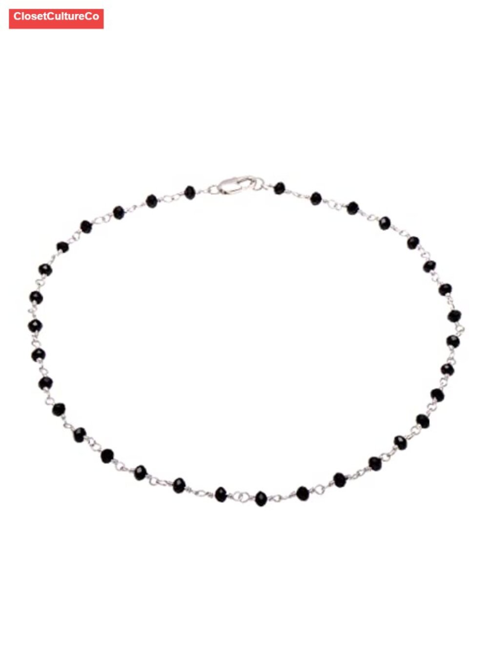 18" Wire Wrapped Black Onyx Beaded Chain Necklace White Gold Plated Copper